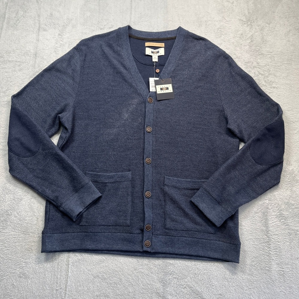 Joseph Abboud Cardigan Sweater Men XL Blue Herringbone Elbow Patch M261826 F17